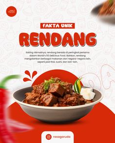 an advertisement for a restaurant called rendang with meat and vegetables in a bowl