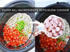 the ingredients for this slow cooker meal are being stirred in water and then put into the slow cooker