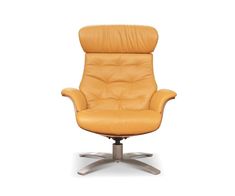 an orange leather office chair sitting on top of a metal base