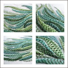 three pictures of green and white braiding on the side of a table cloth, with two