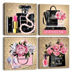 three pictures with pink flowers and bags on them, one has a perfume bottle, the other is a chanel bag