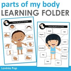 two children's worksheets with the words learning folder and an image of their body