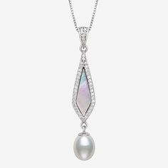 Pearl Type: Cultured Freshwater PearlsFeatures: Quick ShipJewelry Closure: Spring Ring ClaspLink Construction: SemisolidPearl Size: 7.5-8mmMetal Color: WhiteChain Length: 18 InchChain Width: .06 MillimetersPendant Length: 42mmPendant Width: 7mmChain Construction: BoxCare: Wipe CleanStone Type: 37 Cubic ZirconiaAuthenticity: Genuine StoneMetal: Sterling SilverNecklace Type: Pendant NecklacesCountry of Origin: Imported White Gold Mother Of Pearl Pendant Necklace, White Gold Dangle Pearl Pendant Jewelry, White Gold Dangle Pearl Pendant, Pearl White Mother Of Pearl Pendant Necklace, Sterling Silver Dangle Necklace With Pearl Pendant, Silver Dangle Drop Necklace With Pearls, Silver Pearl Dangle Drop Necklace, Pearl Teardrop Gemstone Necklaces, Teardrop Pearl Gemstone Necklaces