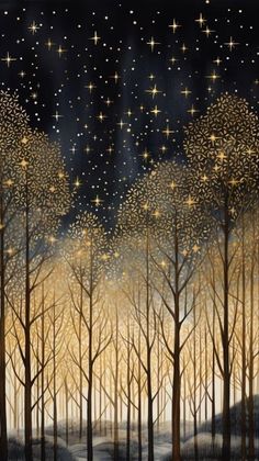 a painting of trees with stars in the sky