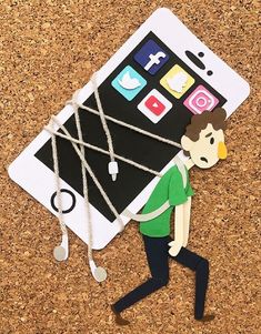 a paper cut out of a man carrying a cell phone with strings attached to it