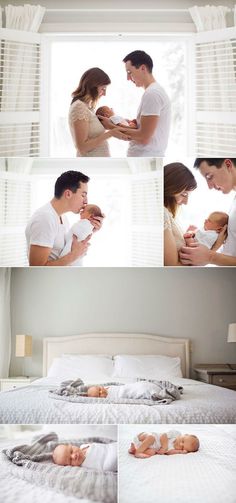 a man and woman are holding their baby while laying on the bed