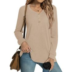 MOSHU V-neck T Shirts for Women Casual Long Sleeve Tunic Tops Curve Hem Fall Button Shirts Experience effortless style and comfort with our long sleeve shirts for women. Made from a skin-friendly, soft fabric, these womens t-shirts ensure you stay comfortable all day long. Featuring a flattering V-neck with button detailing and a chic curve hem, this womens tunic tops combines a relaxed fit with a touch of modern elegance. The solid color design makes the v neck t shirts for women a versatile pi T Shirts For Women Casual, Womens Tunic Tops, Shirts For Women Casual, Long Sleeve Shirts For Women, Women Fall Tops, Button Shirts, Tunic Tops Casual, Loose Tank Tops, Casual Tunics