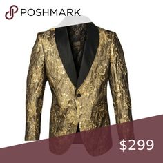 🔥🔥Golden Floral Pattern Blazer Lapel: Shawl Collar  Fit: Hybrid/Slim Fit  Suit Button: 1- Cover Button  Suit Patterned: Floral Pattern  Pocket: Besom Front Pocket  Chest Pocket: 1- Chest Pocket  Suit Stitching: Interior Pic-Stitching Suits & Blazers Sport Coats & Blazers Designer Single Button Party Blazer, Gold Fitted Luxury Blazer, Designer Party Blazer With Button Closure, Designer Gold Blazer With Button Closure, Designer Gold Blazer For Semi-formal Events, Designer Gold Blazer For Semi-formal Occasions, Gold Fitted Blazer With Suit Collar, Designer Fitted Gold Blazer, Gold Designer Fitted Blazer