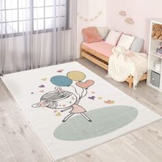 a child's room with pink walls and white rugs, teddy bear on the floor