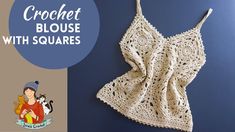 crochet blouse with squares on the front and side, next to an image of a woman's bra