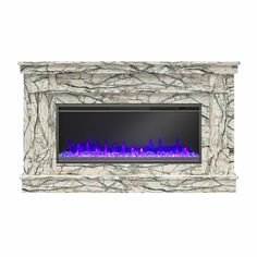 an electric fireplace with blue flames on it