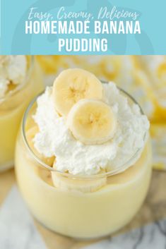 homemade banana pudding in small glasses with whipped cream on top