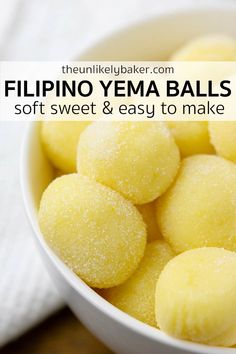 a white bowl filled with soft, sweet and easy to make filipino yema balls