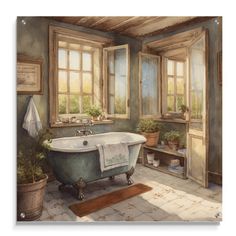 a painting of an old fashioned bathtub in a room with windows and potted plants