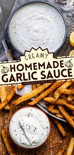 homemade garlic sauce in a bowl next to french fries