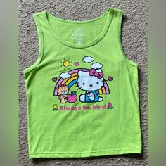 Nwot Size Med Neon Green Kitty Tank Top Summer Tees Sanrio Always Be Kind Vacation Tee Swim Suit Cover Up Top Beach Wear Pairs Well W Jean Shorts Green Cotton Y2k Tank Top, Playful Hello Kitty Tops For Spring, Spring Hello Kitty Playful Tops, Fitted Sleeveless Tops With Cat Print, Cute Hello Kitty Print Tops For Spring, Hello Kitty Y2k Summer Top, Fitted Hello Kitty Top For Spring, Fitted Hello Kitty Tops For Spring, Kawaii Fitted Sleeveless Top