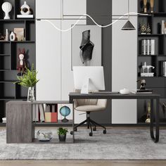 a modern office with black and white decor