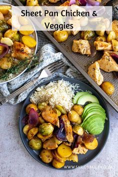 sheet pan chicken and veggies on a plate next to a tray of vegetables