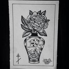 a black and white drawing of a flower in a vase with an eye on the side