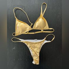 Gold Bikini From Shein. Size Small Never Worn. Gold Summer Swimwear, Gold Swimwear For Summer Beach Party, Gold Summer Swimwear For Poolside, Gold Fitted Swimwear For Sunbathing, Fitted Gold Swimwear For Beach Party, Gold Triangle Top Swimwear For Sunbathing, Gold Triangle Top Swimwear For Beach, Gold Swimwear For Beach Season, Gold Summer Swimwear For Swimming