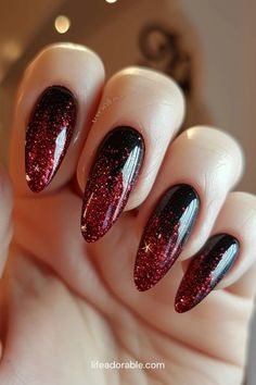 36+ summer nails 2024 nail art inspirations – lifeadorable Red And Black Nails Sparkle, Red Sparkly Ombre Nails, Red Black Glitter Nails, Red And Black Ombre Acrylic Nails, Burgundy Ombre Nail Designs, Burgundy And Black Nails Acrylic, Dark Red Nails Almond Shape, Wine Ombre Nails, Ombre Nails Inspiration