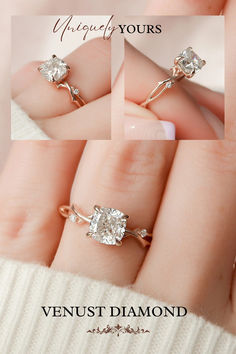 three different views of an engagement ring