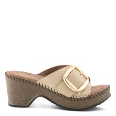 SPRING STEP Style: NIENNA Elevate your style and comfort with our demi wedge slip-on, featuring a sumptuous suede footbed, a striking large buckle detail, and a choice of luxurious leather uppers. Upper: Leather Lining: Leather Insole: Suede Outsole: Polyurethane Closure: Slide Heel Height: 2 3/4" Platform Height: 1" Features: - Memory Foam - Fit Recommendation: Fits true to size - The suede ultra-comfortable footbed offers unparalleled cushioning and support for all-day wear. - A prominent larg Sandals Wedge, Spring Step Shoes, Memory Foam, Unique Style, Heel Height, Leather Upper, Wedges, Slip On, Buckle