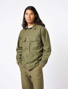 Stan ray cpo shirt (sateen) - olive green Green Fits, Modern Wardrobe, Mens Button Up, Work Jackets, Military Uniform, Scandinavian Style, Free Shopping, Style Icons, Style Guides