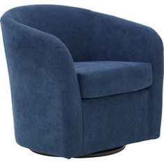 a blue swivel chair sitting in front of a white background