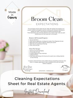 the cleaning expectations sheet for real estate agent in front of a white wall with pink flowers