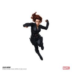 a woman dressed as black widow flying through the air