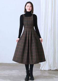 "★★FEATURES * 25% wool, other fiber,nylon * Polyester lining * Two side seam pockets * Right hidden zipper closure * Adjustable strap * Plaid Wool Dress, Wool Pinafore Dress * Fit and flare dress * Perfect for winter, autumn, spring * Dry clean ★★ The model is 170 cm (5′ 7″) tall with a 80 cm (31.5\") bust, 66 cm (26\") waist. She is wearing the plaid wool dress in size XS. ★★ Bespoke Order Service If you Request other color Request the length Your height is not between 155 cm- 172 cm Your weigh Sleeveless Dress Winter, Winter Dress Women, Cottagecore Fashion, Dress Pleated, Handmade Dress, Fabric Swatch, Dress Handmade, Apron Dress, Winter Dress