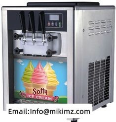 an ice cream machine with two scoops of ice cream on the front and side