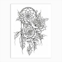 a drawing of roses and a dream catcher