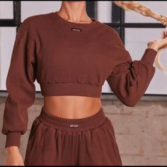 Brand New Without Tags! Ribbed Bo And Tee Sweater Brown Stretch Top With Ribbed Cuffs, Brown Athleisure Crew Neck Top, Brown Crew Neck Athleisure Top, Brown Crew Neck Top In Athleisure Style, Sporty Brown Long Sleeve Tops, Brown Long Sleeve Sporty Tops, Brown Fitted Top With Ribbed Cuffs, Fitted Brown Tops With Ribbed Cuffs, Fitted Brown Top With Ribbed Cuffs