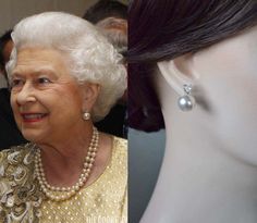 the queen of england is wearing pearl earrings and pearls on her head, while she stands next to a mannequin