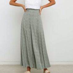 Style: BohemianWaist Type: HIGHFabric Type: ChiffonPant Style: Wide Leg PantsMaterial: PolyesterFit Type: RegularLength: Ankle-Length PantsAge: Ages 18-35 Years OldSeason: SummerClosure Type: Elastic WaistGender: WOMENModel Number: Women pantsPattern Type: FloralFront Style: Flat Casual Maxi Skirt With Elastic Waistband For Summer, Casual Long Skirt Bottoms For Vacation, Casual Maxi Skirt With Elastic Waistband For Beach, Casual Long Skirt For Vacation, Green Ankle-length Bottoms With Elastic Waistband, Flowy Casual Rayon Maxi Skirt, Flowy Rayon Maxi Skirt Casual Style, Flowy Rayon Casual Maxi Skirt, Summer Wide Leg Rayon Maxi Skirt