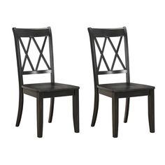 two black chairs sitting next to each other on a white background and one has a cross back design