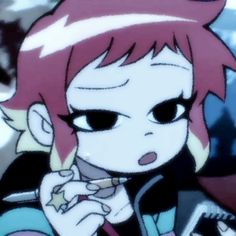 an anime character with red hair and black eyes holding a cell phone to her ear