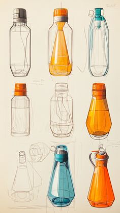 a drawing of different types of glass bottles