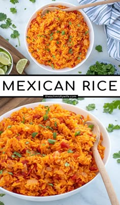 two bowls filled with mexican rice and garnished with cilantro on the side