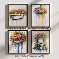 four bathroom prints with flowers in the bathtub