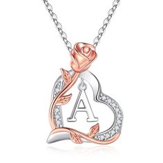 PRICES MAY VARY. 💝Rose Heart Valentines Gifts for Her - The exquisite rose heart necklace design symbolizes eternal love, admire it as much as you admire your beloved. It will remind you of the romantic story between you and will also bring happiness and joy. 🌹High-Quality Material - The women valentines initial necklace is made from 14K genuine white gold plating which is hypoallergenic and safe. The heart pendant is inlaid with 5A grade cubic zirconia and entwined with delicate roses. No ski Mother's Day Rose Gold Clavicle Chain Necklace, Rose Gold Clavicle Chain Necklace For Mother's Day, Rose Gold Clavicle Chain Necklace For Anniversary, Elegant Rose Red Necklace For Valentine's Day, Rose Gold Heart Jewelry For Valentine's Day, Valentine's Day Rose Gold Clavicle Chain Necklace, Rose Gold Clavicle Chain Jewelry For Anniversary, Rose-colored Jewelry For Valentine's Day Anniversary, Pink Initial Pendant Jewelry For Mother's Day