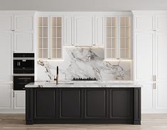 a large kitchen with marble counter tops and black cabinetry, along with white cabinets