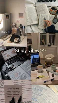 a collage of photos with books, papers and laptops