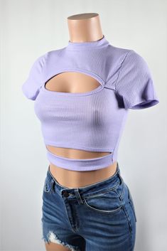 Size: L, Color: Lavender Lavender Top Outfit, Lavender Outfit, Lavender Tops, Tops For Women Casual, Short Sleeve Cropped Top, Korean Outfits, Plus Size Tops, Workout Clothes, Lavender