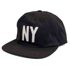 the new york hat in black and white is embroidered on the front of the cap