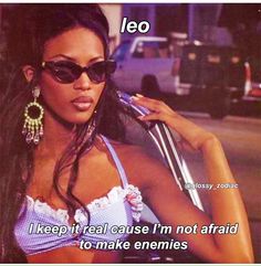 a woman with sunglasses on her head is standing next to a car and has a quote from leo