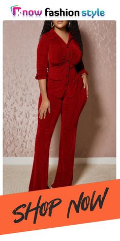 knowfashionstyle Casual Turndown Collar Long Sleeve Buttons Blouse And Flare Leg Pants Vacation Two Pieces Trouser Sets Solid Color Non-stretch Sets For Fall, Casual Party Sets With Pockets, Elegant High-waist Sets For Fall, Fall Party Pants In Solid Color, Casual Solid Color Party Sets, Casual Fall Party Sets, Casual Party Sets With Trousers, Elegant Long Sleeve Sets For Going Out, Elegant Long Sleeve Going Out Sets