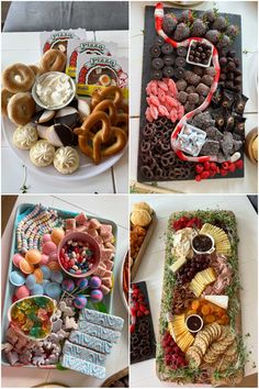 several pictures of different types of food on plates and in trays, including doughnuts, pretzels, fruit, and cookies